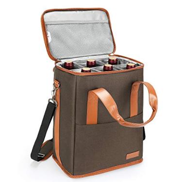 Imagem de Transportador de vinho para 6 garrafas, bolsa térmica e acolchoada com alça de mão e alça de ombro ajustável para viagens ou piquenique, presente ideal para amantes de vinho, marrom