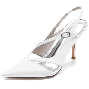 Imagem de Sapato feminino Slingback Mary Jane 8,5 cm salto alto de casamento bico fino strass quadra vestido de festa trabalho sapatos de formatura, Branco, 9.5