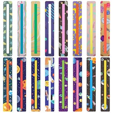 Imagem de 16 peças de tiras de guia de leitura para crianças tiras de leitura guiadas de desenho animado tiras de destaque marca-texto coloridas marcadores de página para ajudar dislexics crianças professores educação materiais para sala de aula