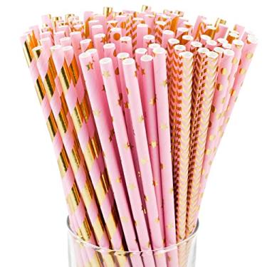 Imagem de Canudos de papel | Rosa | Ouro | Canudos de papel para aniversário, chá de bebê, casamento/noiva, decorações de festa