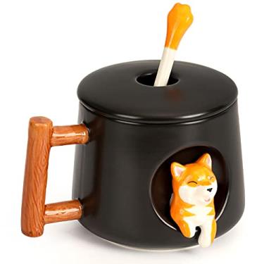 Imagem de YLOKO Canecas de café de cerâmica com colher xícara de chá de cachorro linda caneca de cerâmica 3D com estampa de cachorro linda caneca de cerâmica copo de leite para sucos de chá, leite, chocolate, cappuccino, preta, 400 ml