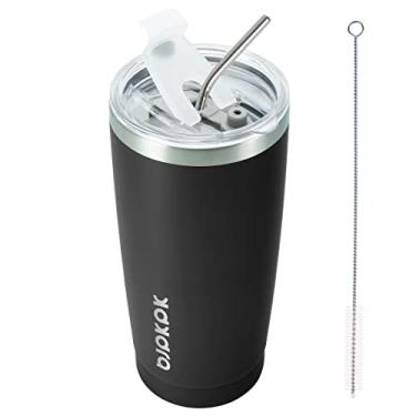 Imagem de BJPKPK Copo térmico de 590 ml com tampa e canudo. Caneca de café para viagem. Copos térmicos reutilizáveis de aço inoxidável, preto