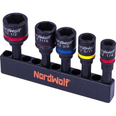 Imagem de NordWolf Conjunto de chaves de porca magnéticas SAE S2 de aço de liga de impacto de 5 peças com tamanhos de 5 cm de comprimento 1/4"-5/16"-3/8"-7/16"-1/2"