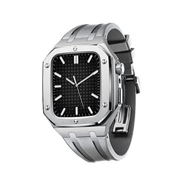 Imagem de TONECY Capa protetora robusta masculina pára-choques de metal à prova de queda com pulseira de silicone capa de banda de luxo para Apple Watch 45mm 44mm, para iWatch 7/6/5/4 SE (cor: cinza prateado, tamanho: 44mm para 6/5/4/SE)