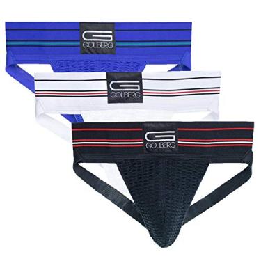Imagem de GOLBERG G Calcinha Jockstrap masculina – Suporte atlético – Pulseira para adultos e jovens, Black, Blue, White (3 Pack), X-Large (42-50 Inch)