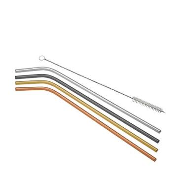 Imagem de CJ 4 CANUDOS AÇO INOX E 1 ESCOVA P/LAVAR COLORIDOS 27cm