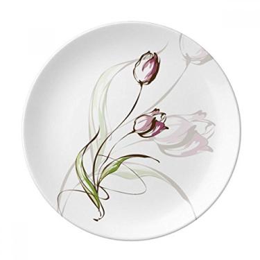 Imagem de Prato decorativo de tulipa pintado à mão com flores rosa de porcelana salver louça de jantar