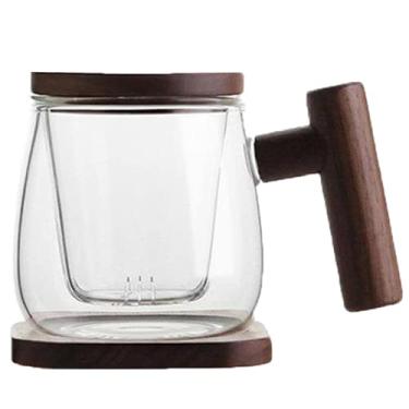 Imagem de PAYNAN Caneca de vidro com infusor de chá criativo de 300 ml, copo de filtro transparente, tampa de madeira, copo de café e leite
