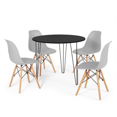 Imagem de Conjunto Mesa de Jantar Redonda Hairpin 90cm Preta com 3 Pés + 4 Cadeiras Eames Eiffel - Cinza