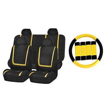 Imagem de FH Group Capas exclusivas de assento de carro de pano plano com capa de volante e almofadas de cinto de segurança - carro, caminhão, SUV ou van (amarelo/preto) FB032114