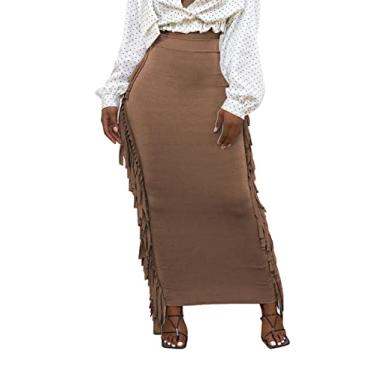 Imagem de Lrady Saia Feminina Lápis Longa de Cintura Elástica Justa com Borlas Laterais, Caqui, GG