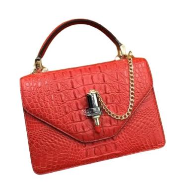 Imagem de Bolsa feminina autêntica verdadeira pele de crocodilo couro de jacaré genuíno bolsa de ombro cruzada feminina pequena, Vermelho, 21cm(Width) x 15cm(Height) x 8.5cm(Deep)