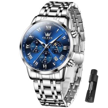 Imagem de OLEVS Relógio masculino multifuncional, multidiscador, à prova d'água, luminoso, cronógrafo, com presente de data, para homens, relógio de pulso masculino clássico, Pulseira prateada face azul - 5529G