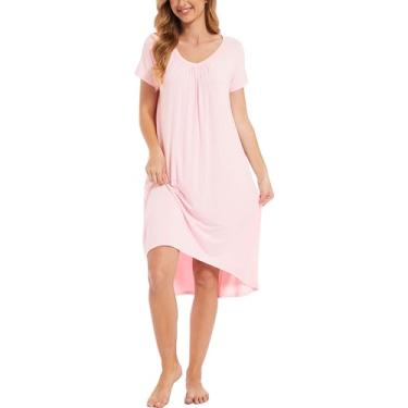 Imagem de GYS Camisola longa feminina de manga curta – viscose feita de bambu, camisa de noite macia e confortável elegante vestido de dormir, rosa, M