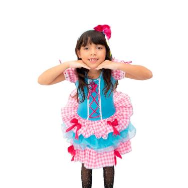 Imagem de Vestido Infantil Caipira Rosa e Azul Xadrez Junino com Arco