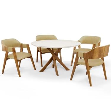 Imagem de Mesa De Jantar Redonda Cora 120cm Off White M04 com 04 Cadeiras Living Suran Couríssimo Fendi - Lyam