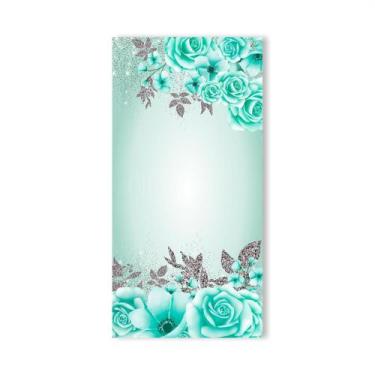 Imagem de Painel Vertical de Tecido Sublimado Flores Azul Turquesa Glitter Prata
