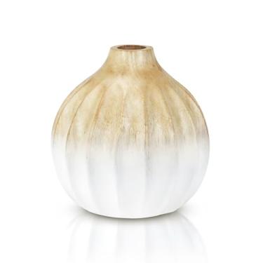 Imagem de AeraVida Vaso de flores ombré branco redondo elegante em forma de abóbora | Decoração de cozinha de madeira de mangueira | Vaso feito à mão | Vasos de mesa feitos à mão para escritório em casa