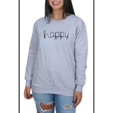 Imagem de Moletom Gola Redonda Happy Blusa Tumblr Feliz - SEMPRENALUTA , Cinza, 
