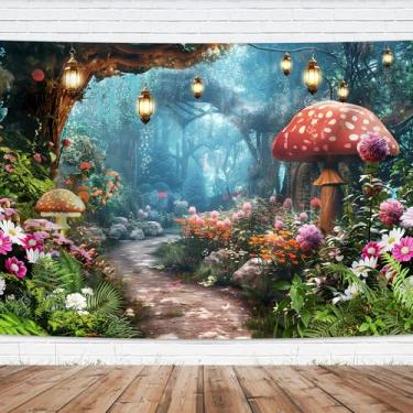 Imagem de Imirell Conto de fadas cenário de floresta 7Wx5H Pés Encantado Verde Primavera Jardim Floral Flores Silvestres Cogumelo Fantasia Tecido Aniversário Chá de Bebê Fotografia Fundos Sessão de Fotos