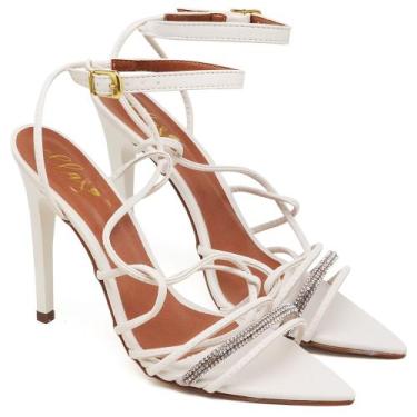 Imagem de Sandália Salto Alto Bico Folha Napa Off White Tira Strass - Ellas Onli