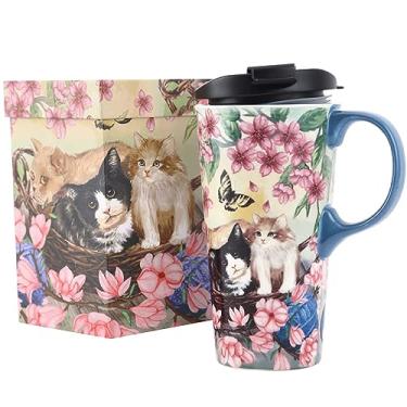 Imagem de DUSVALLY Caneca de cerâmica xícara de café alta com tampa, alça e caixa colorida, caneca latte, 500 ml. Flor e gato