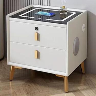 Imagem de Mesa de cabeceira com estação de carregamento e LED, armário de mesa de cabeceira para quarto, mesa lateral moderna multifuncional com portas USB, com desbloqueio de impressão digital, branca, 50 x 40