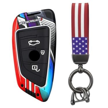 Imagem de HIBEYO Capa de chaveiro de 3 botões compatível com BMW 2 5 6 7 Series X1 X2 X3 X5 X6 X7 Acessórios Metal Painted Sports Style Key Shell with American Flag Keychain-B Type 3 Button Red