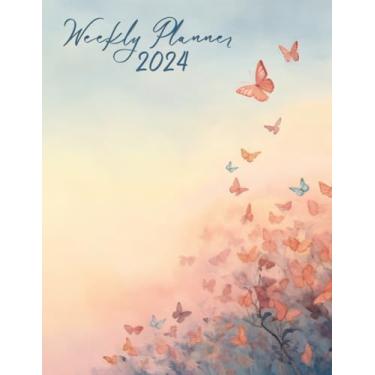 Imagem de Weekly Planner 2024: Beautiful Watercolor Pastel Butterflies with a Sunrise Background for Organization and Yearly Planning