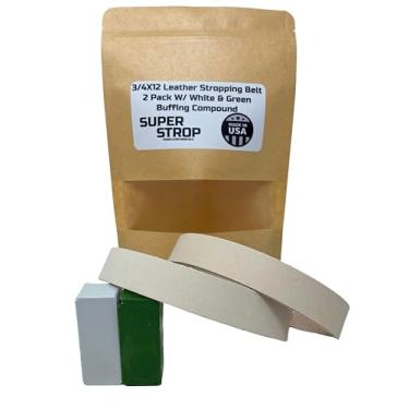Imagem de Cinto de polimento de afiação de couro de 9,5 x 30,5 cm, pacote com 2 unidades, super Strop com composto branco e verde, serve para Ken Onion Work Sharp
