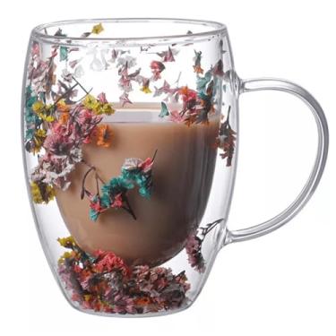 Imagem de Vittak Caneca Parede Dupla de Vidro Florida 350ml Vidro Borossilicato Flores Fall para Bebidas Café Chá Expresso com Alça Xícara Isolada