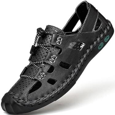 Imagem de Sandálias masculinas Chinelos masculinos chinelos de dedo fechado sapato de verão couro respirável externo casual praia esporte caminhada trabalho masculino marrom preto grande tamanho grande, Preto, 6.5