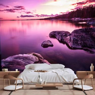 Imagem de Lcythiazole Murais de papel de parede personalizados, pôr do sol roxo, lindo lago, romance silencioso, fotos grandes em HD, adequado para sala de estar, quarto, escritório, fundo de paisagem natural