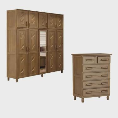 Imagem de Conjunto Guarda-Roupa Grécia Casal 10 Portas E Cômoda 6 Gavetas Imbuia Madeira Maciça Pinus - Cavazotto