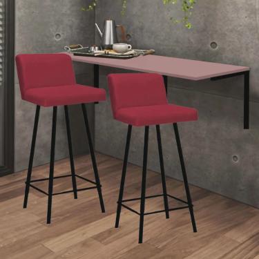 Imagem de Kit Mesa Suspensa de Parede Fixa mdf Rosa + 2 Banquetas Lexi Ferro Preto Sintético Vermelho - Ahazzo Móveis