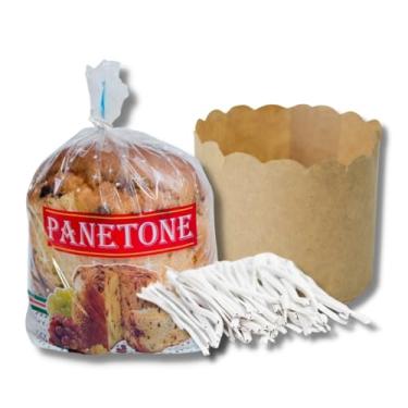 Imagem de Kit para Panetone 100g – 100 Sacos Plásticos 13x23cm + 100 Fechos Dourados + 100 Formas Kraft