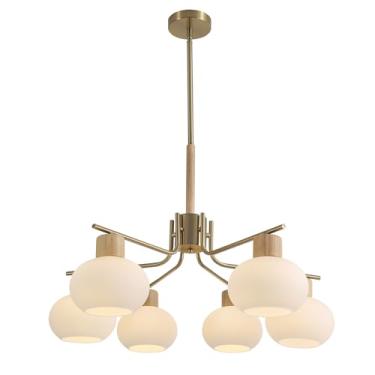 Imagem de Flyrose Lustre Globo De Latão Dourado De Meados Do Século Sputnik Luminária Moderna Tradicional Semi-Embutida Lustre Com 6 Luzes Pendentes De Vidro Leitoso