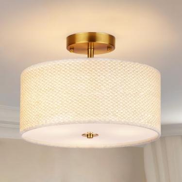 Imagem de CLARSYNE Luminária De Teto Semi-Embutida Estilo Boho Rattan De 13", Abajur Moderno De Tecido Com 3 Luzes, Iluminação Rústica Branca Para Quarto, Cozinha, Sala De Jantar, Sala De Estar, Corredor, En