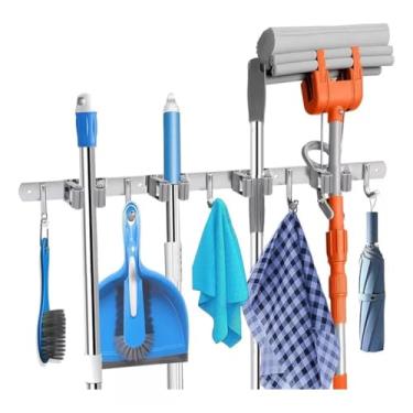 Imagem de Suporte Inox De Parede 9 Ganchos Acessórios Porta Vassoura Mop Rodo Pendurador De Utensílios Limpeza
