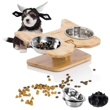 Imagem de Tigelas elevadas para cães com suporte de bambu natural com 2 tigelas de aço inoxidável e 1 alimentador lento, alimentador antiderrapante para cães e gatos pequenos