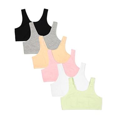 Imagem de Fruit of the Loom Sutiã esportivo elástico embutido de algodão para meninas disponível em 6 pacotes, Lentilha/Manga/Camuflagem Rosa/Cinza Urze/Branco/Preto, 34