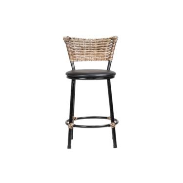 Imagem de Banqueta Baixa com Encosto em Junco Cappuccino Assento em Corino e Estrutura de Aço Preto Ideal para Cozinhas Áreas Gourmet e Varandas (MARROM)