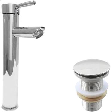 Imagem de Torneira Bica Alta Cromada Pia Banheiro E Valvula Click 1¼ Inox Kit Ba