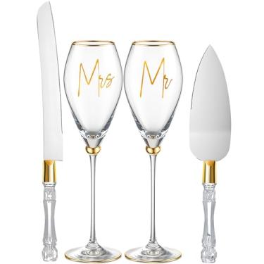 Imagem de Boao Conjunto de 4 peças de facas de bolo de casamento e taças de champanhe, suprimentos para recepção de casamento, taças de champanhe, conjunto de corte de bolo para presentes de noivado