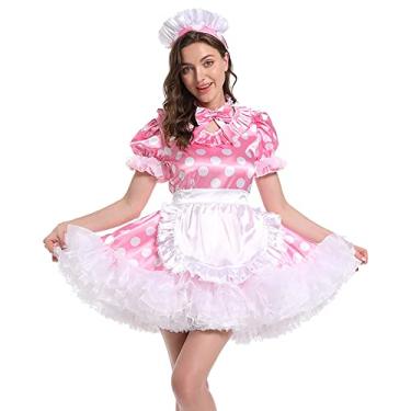 Imagem de Hoplizy Vestido Sissy Maid com manga bufante e bolinhas de cetim plus size vestido Lolita com avental cruzado (2GG) rosa
