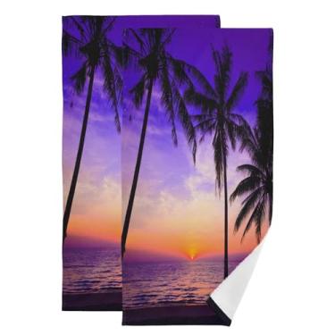 Imagem de HATESAH Pacote com 2 toalhas de mão com tema de praia azul escuro para banheiro, palmeira tropical macia absorvente oceano paisagem costeira toalhas de banheiro decorativas para hóspedes, toalhas de