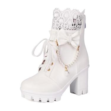 Imagem de BEAUPAS Botas femininas de cano curto plataforma com laço de corrente de pérola e salto alto grosso botas de combate gótico, Branco, 34 BR
