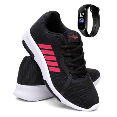 Imagem de Tenis Feminino Sport Academia Estilo e Conforto + Relógio - Preto/Rosa - 38