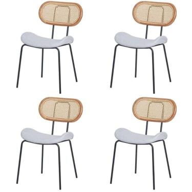 Imagem de Kit 4 Cadeiras Toscana Fratini Estrutura Aço Preto Encosto Madeira Tela Rattan Assento Tecido Cinza