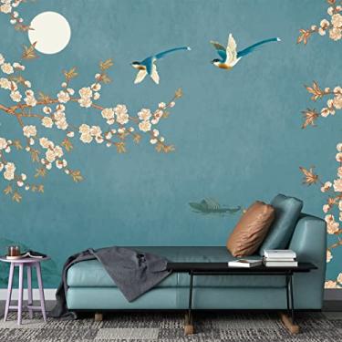 Imagem de MFWFM Flores da primavera papel de parede de árvore chinoiserie mural de parede fundo azul decalques de parede (não descascar e colar)
